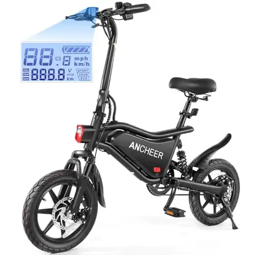 ANCHEER Folding Electric Bike for Adults, 20MPH Ebike, UP to 45 Miles Electric Bikes, 14" Foldable Electric Bicycle for Women/Men, Cruise Control Ebikes, LCD Digital Display, Dual Suspension