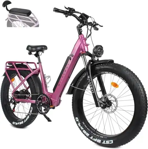 Wildeway 26" Fat Tire Electric Bike 48V 17.5Ah Battery, 750W Mountain Electric Bicycle City Urban Commuter E Bike for Adults Men Women Long Range 30MPH 7-Speed Gears Color Dispaly with 2 Seat