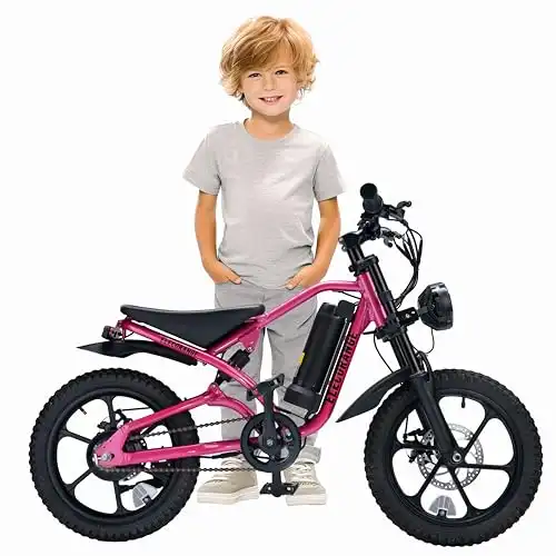 elecorange Electric Bike for Kids with Pedal, Samsung Lithium Battery, 16'' Off-Road Fat Tire, Pedal Assist, Electric Powered Bicycle for Girls, Boys, E-Bike for Kids Ages 8-14, Pink