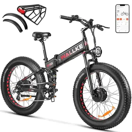 W Wallke X3 Pro Electric Bike 2000W Dual Motor Full Suspension 1056WH Foldable 26 Inch Fat Tire Mountain Ebikes for Adults 34-35MPH Fast Electric Bicycle APP Control, UL2849 Certified